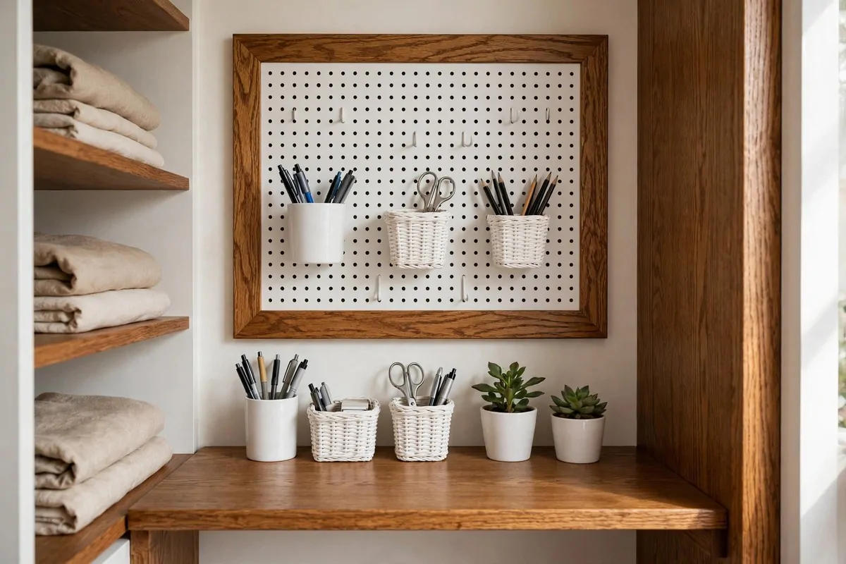 Framed wooden pegboard with cups and hooks holding office supplies above a desk