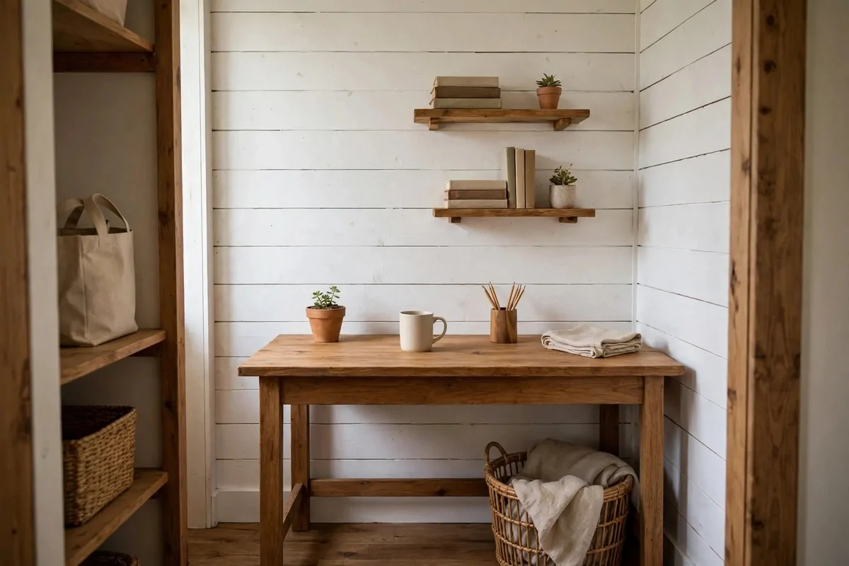 White shiplap panelled back wall in a cozy closet office with wooden desk