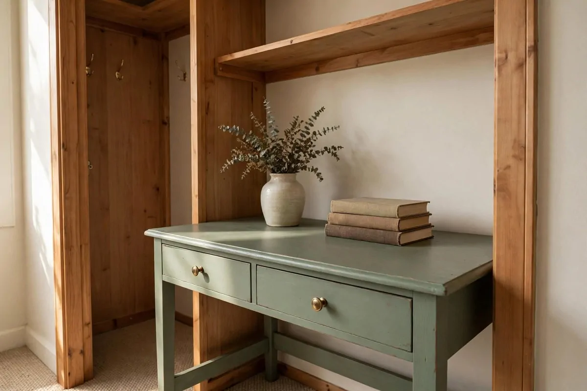 Thrifted wooden desk refinished with chalky sage paint inside a closet office