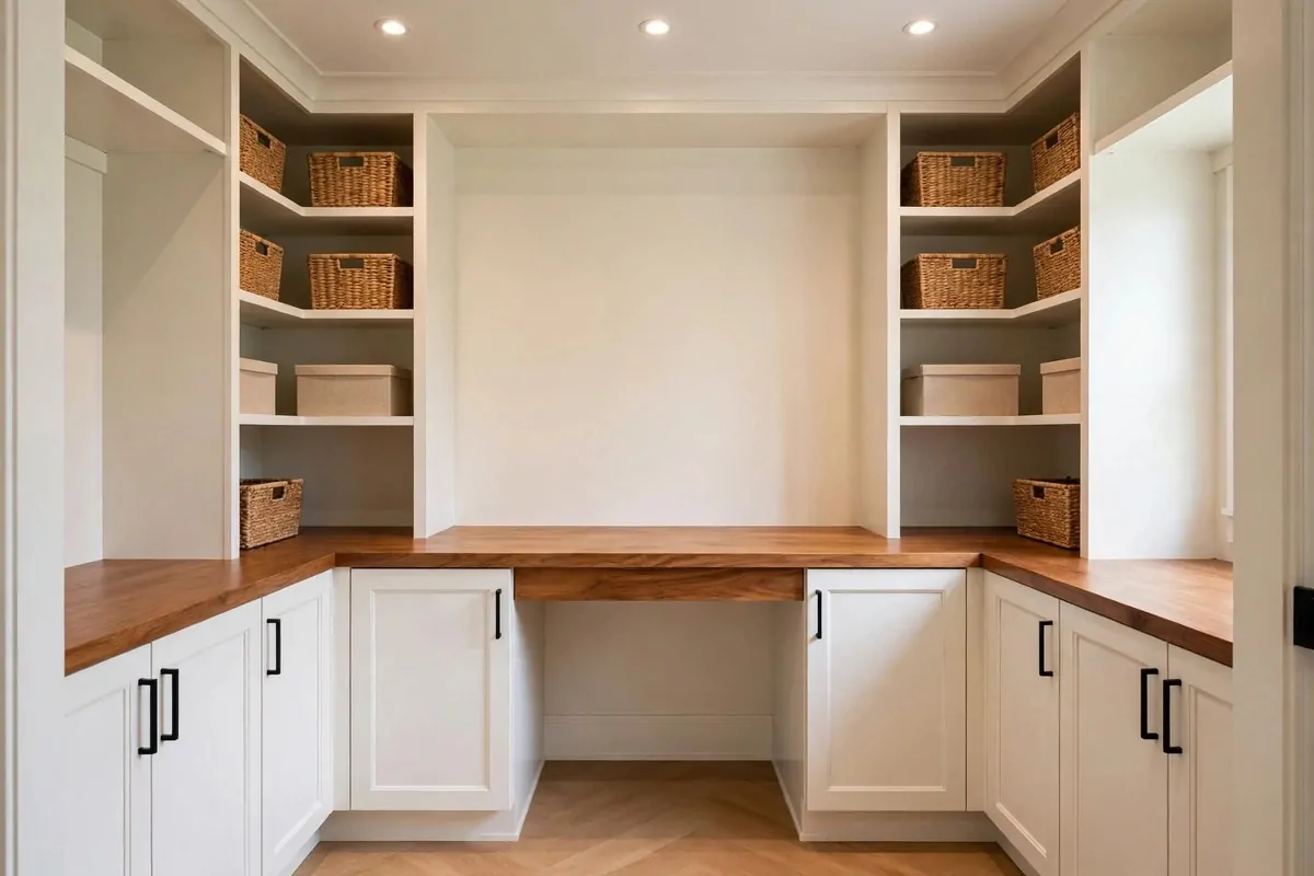 Stock base cabinets with wooden worktop forming a built-in desk in a walk-in closet