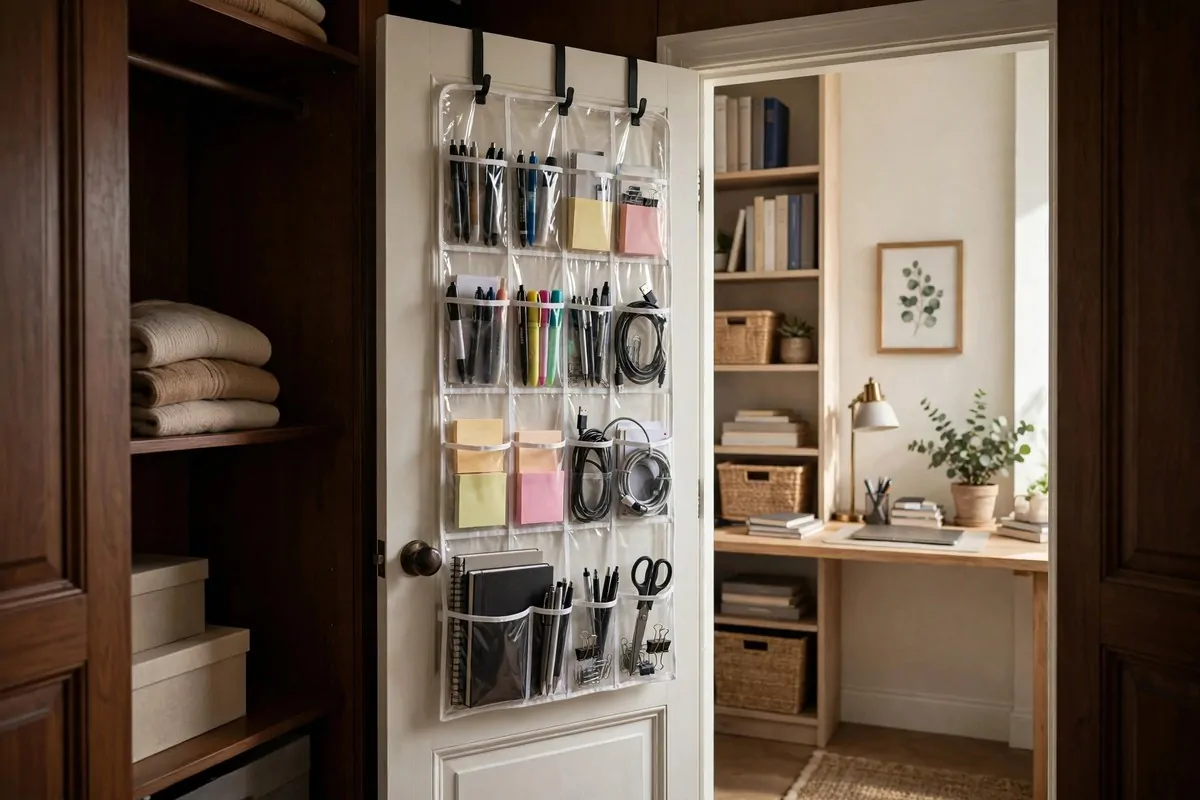 Inside of a closet door fitted with hanging organizer pockets holding supplies
