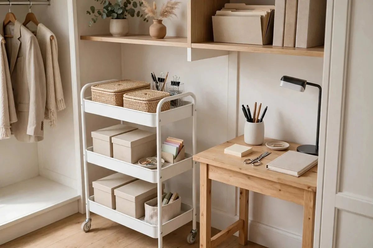 Three-tier rolling cart with office supplies tucked beside a small closet desk