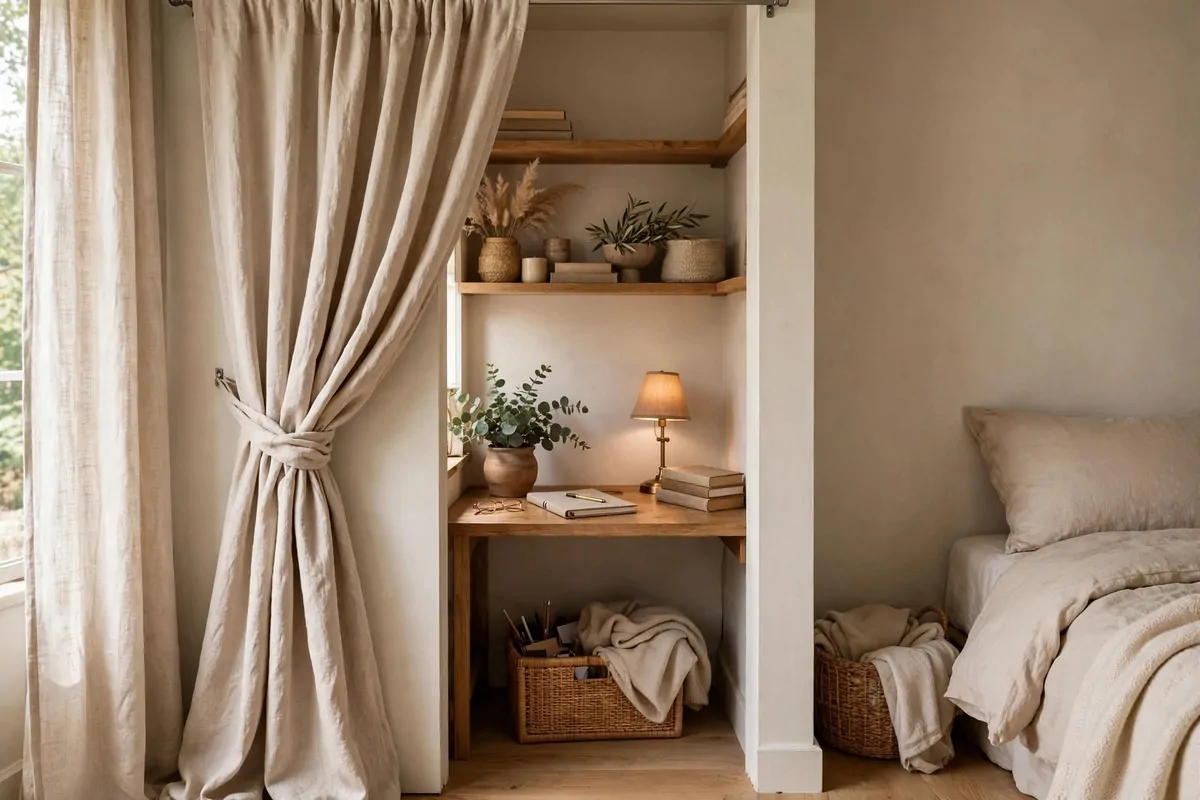 Linen curtain on a tension rod covering a closet office, tied back to one side