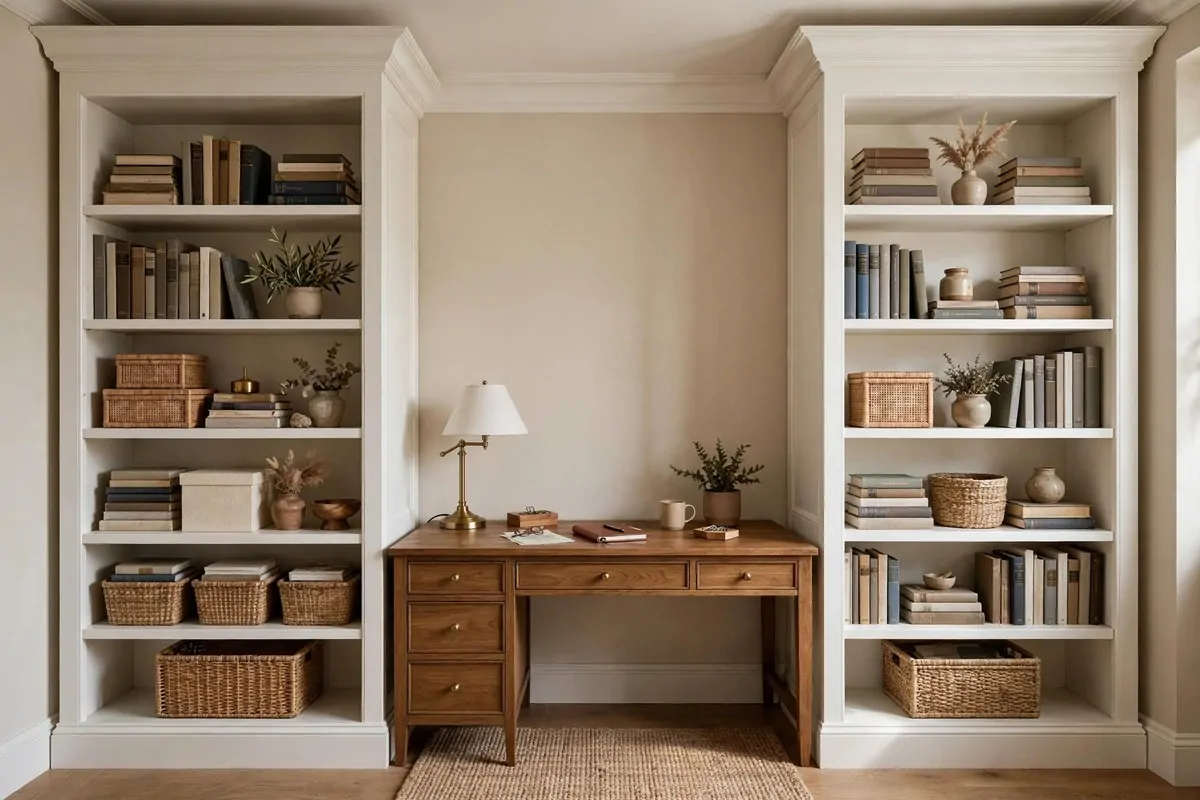 Two tall BILLY bookcases flanking a desk inside a wide closet, built-in library look