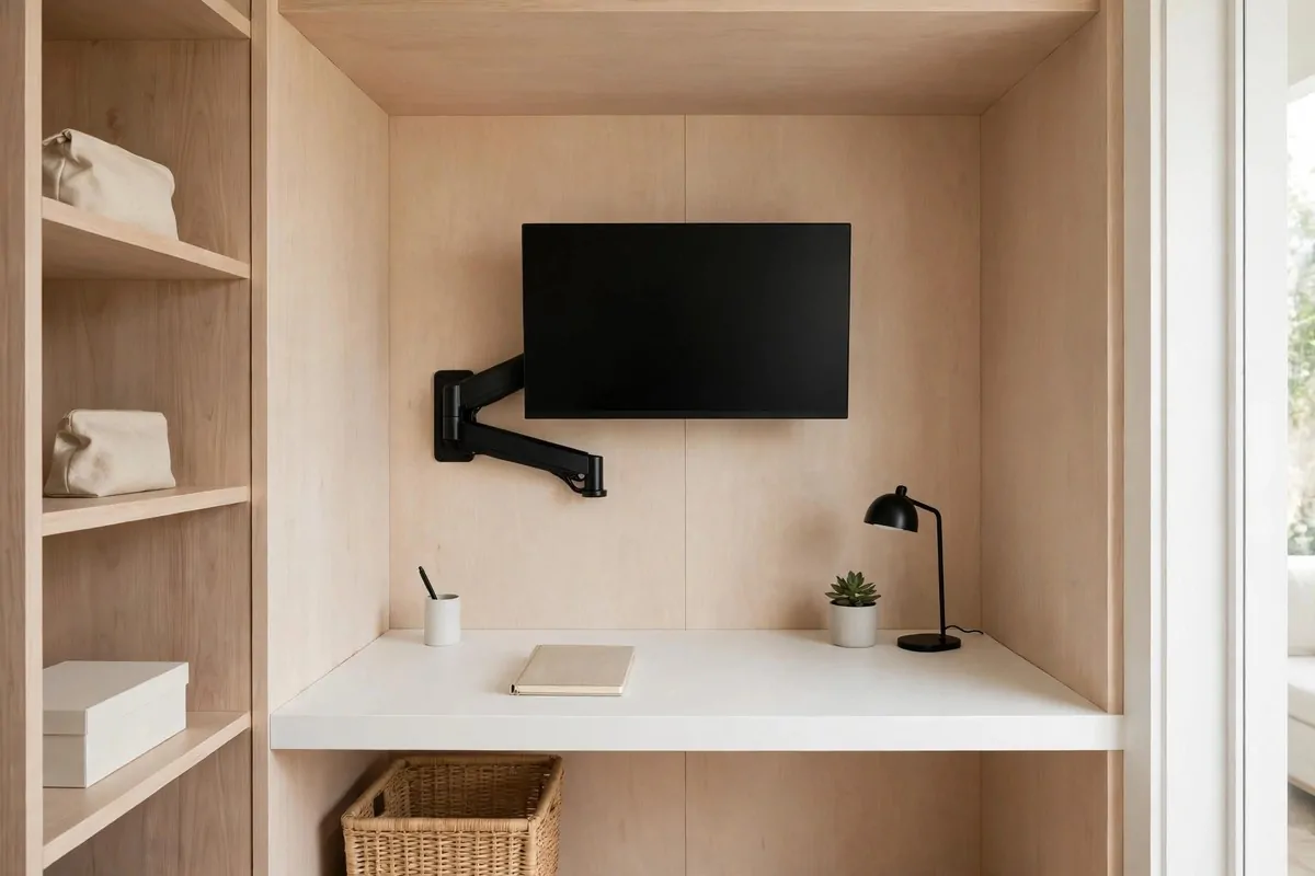 Monitor mounted on an arm above a tidy closet desk with hidden cables
