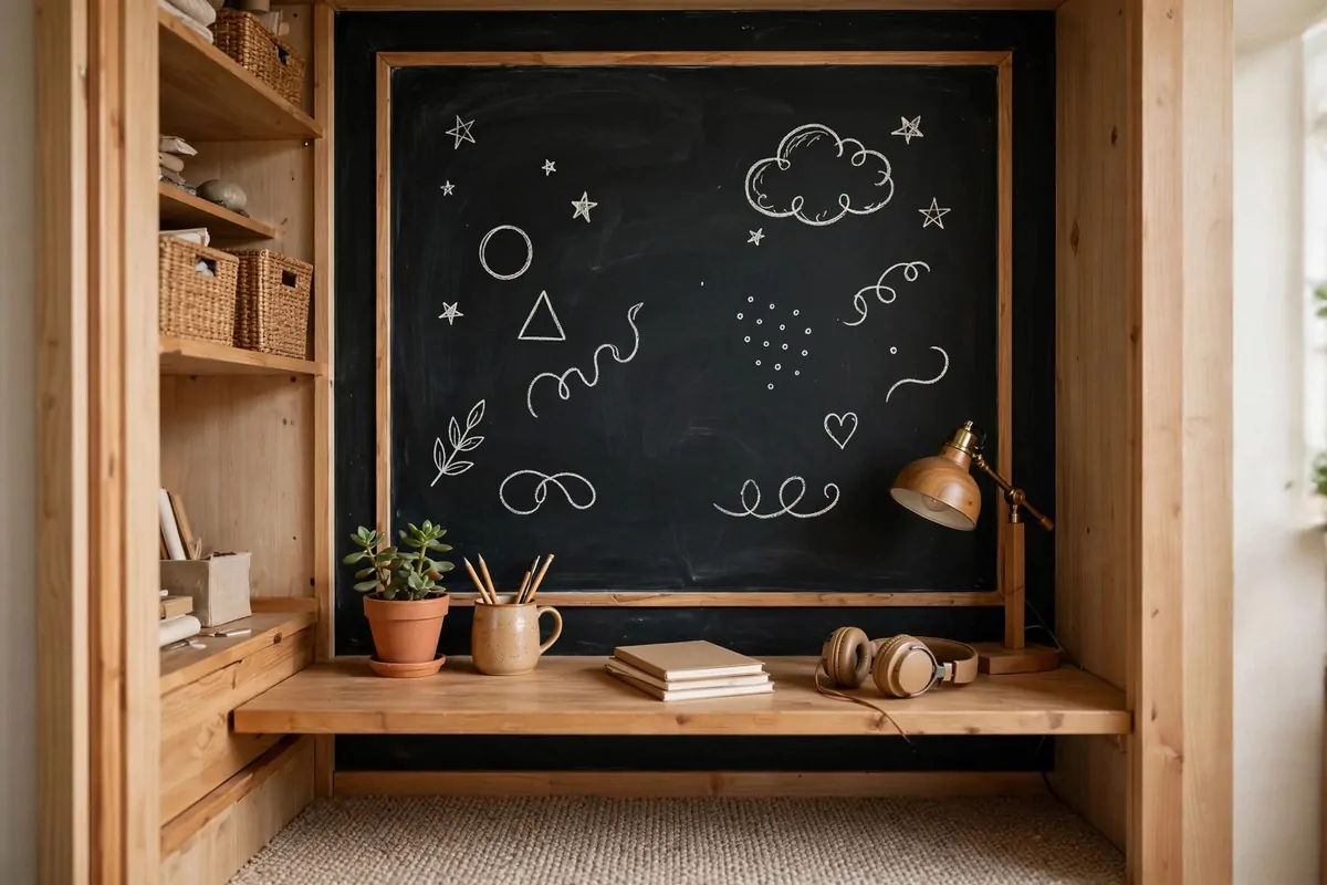 Closet office wall section painted with chalkboard paint and simple chalk doodles
