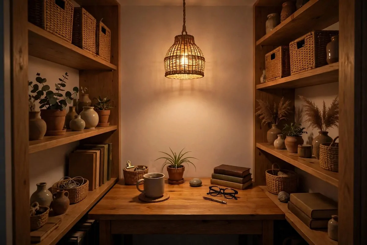 Small pendant light hanging in a closet office casting a warm glow over the desk