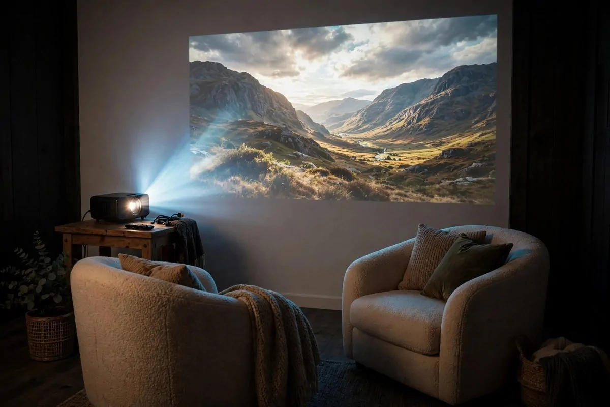 Small projector on a side table beaming a movie onto a plain white wall in a dark room