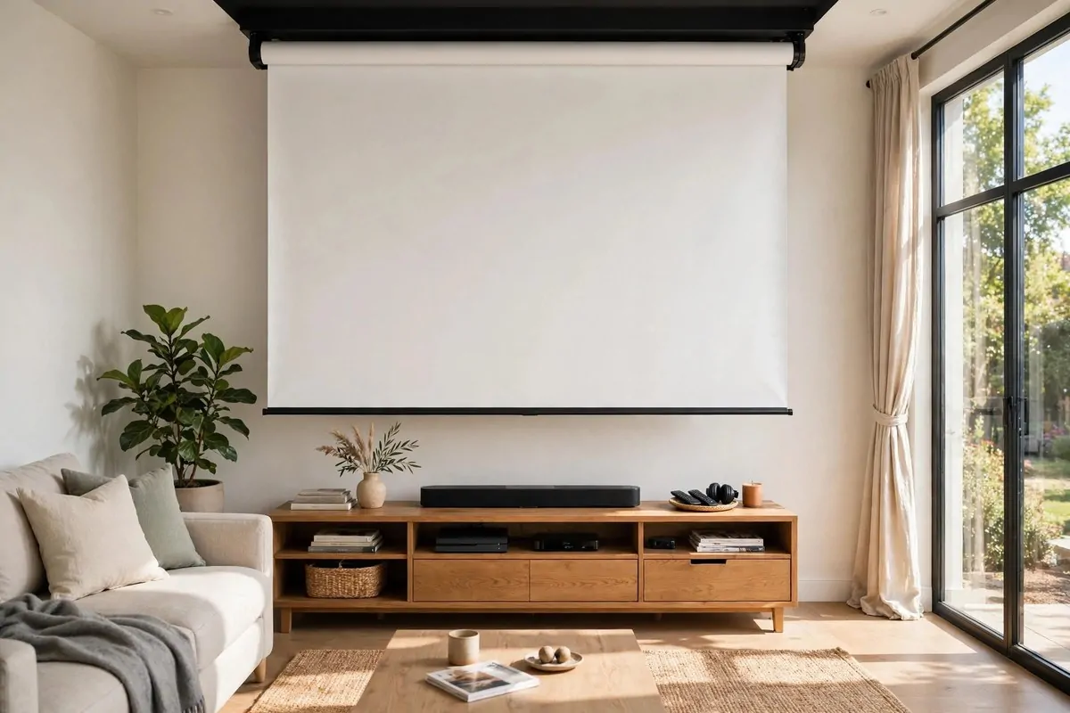 Pull-down projector screen rolled above a media console in a bright living room
