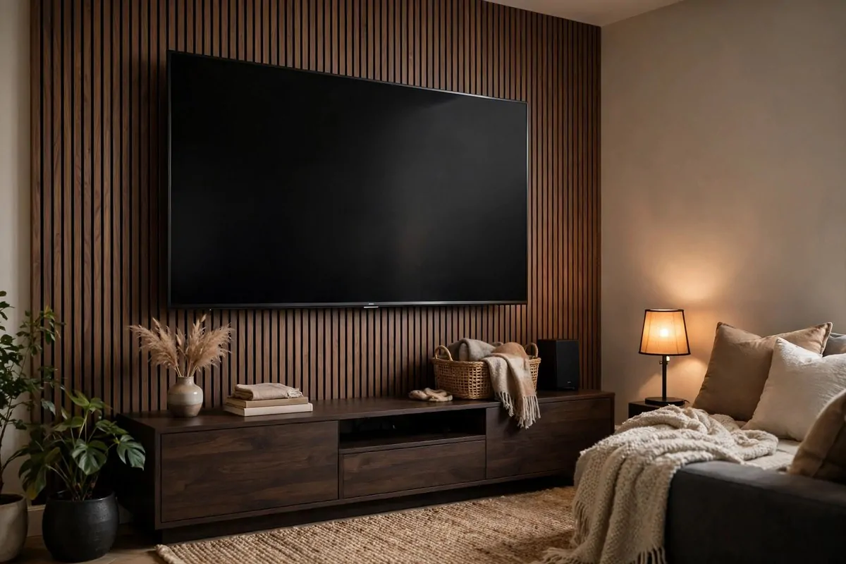 Large wall-mounted flat screen TV with hidden cables and a dark media console