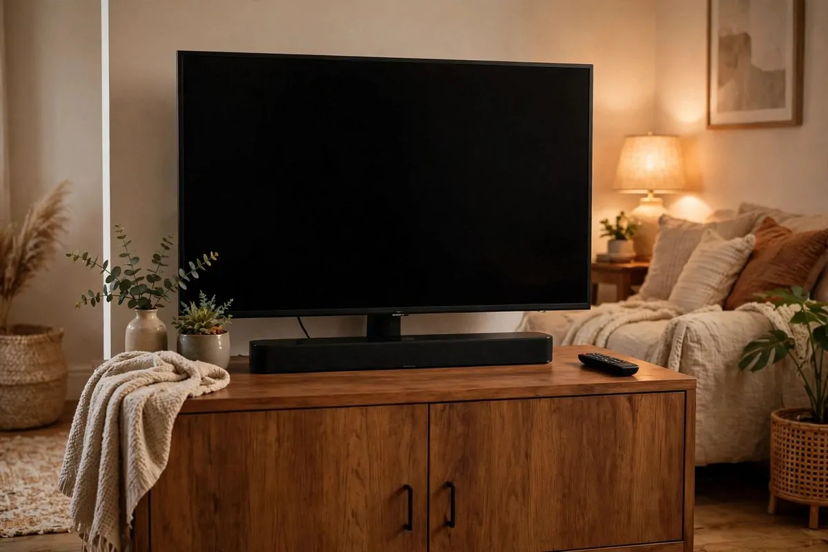 Slim black soundbar under a TV on a wooden console in a cozy living room
