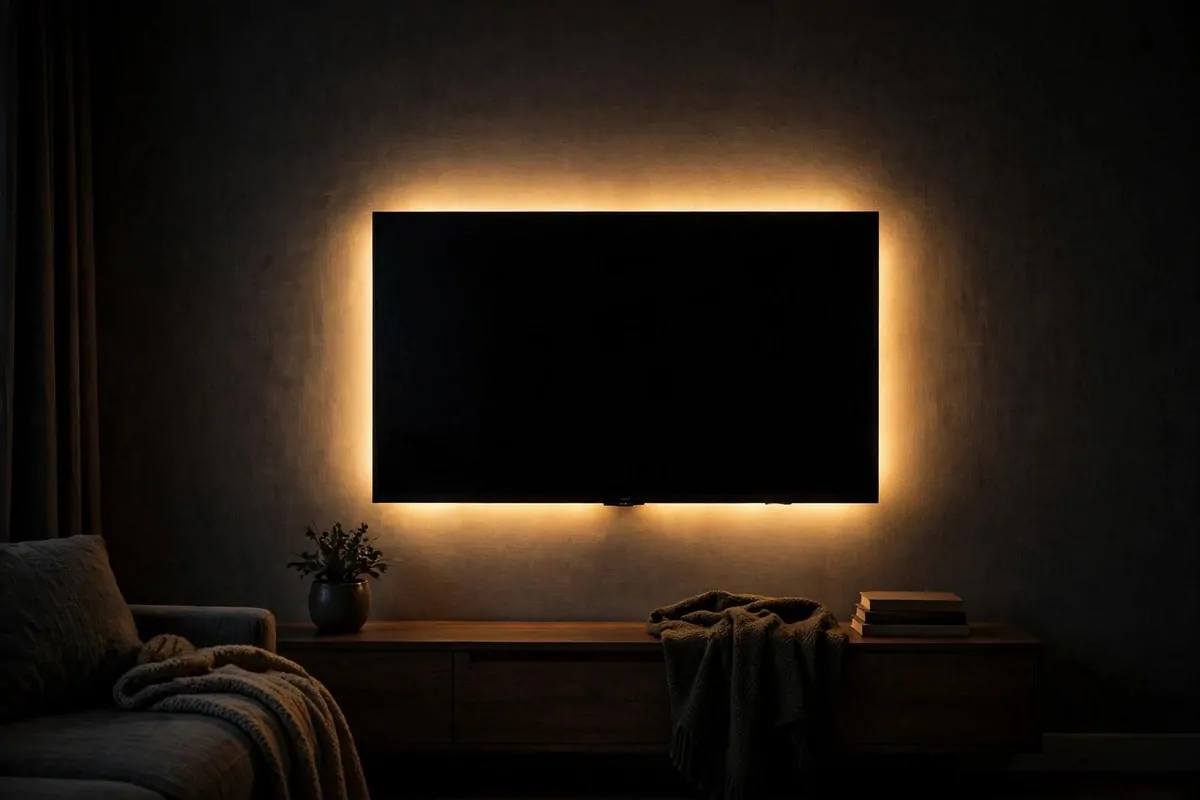 TV with warm LED strip light glowing behind it on the wall in a dark room