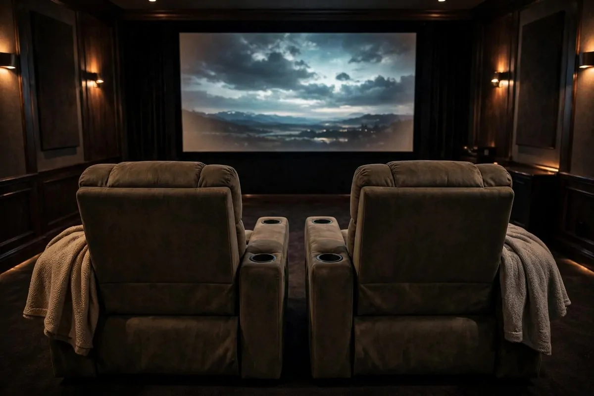 Two plush recliner chairs with cup holders facing a big screen in a home theater
