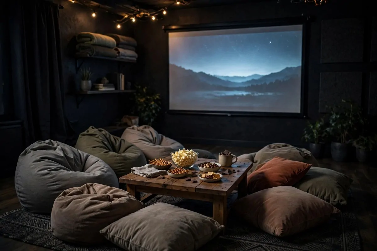 Pile of large bean bags and floor cushions in front of a projector screen