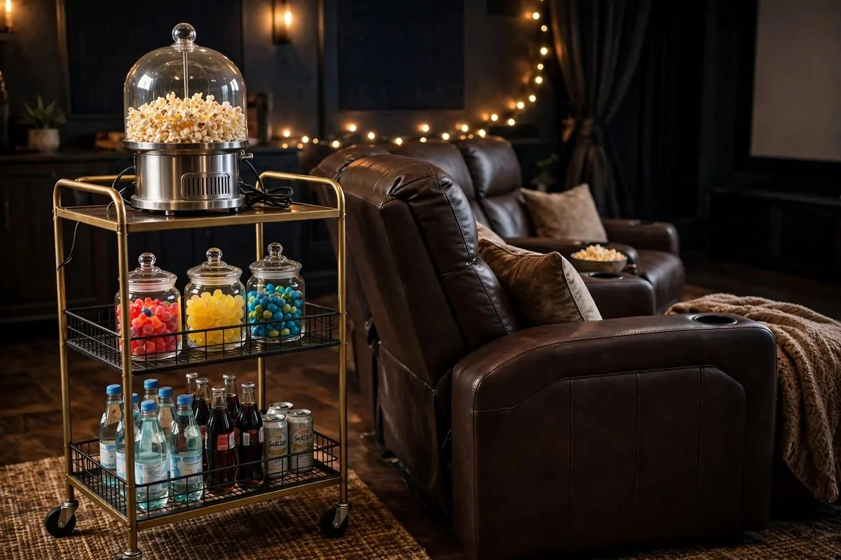 Rolling snack cart with a popcorn machine, candy jars and drinks next to theater seats