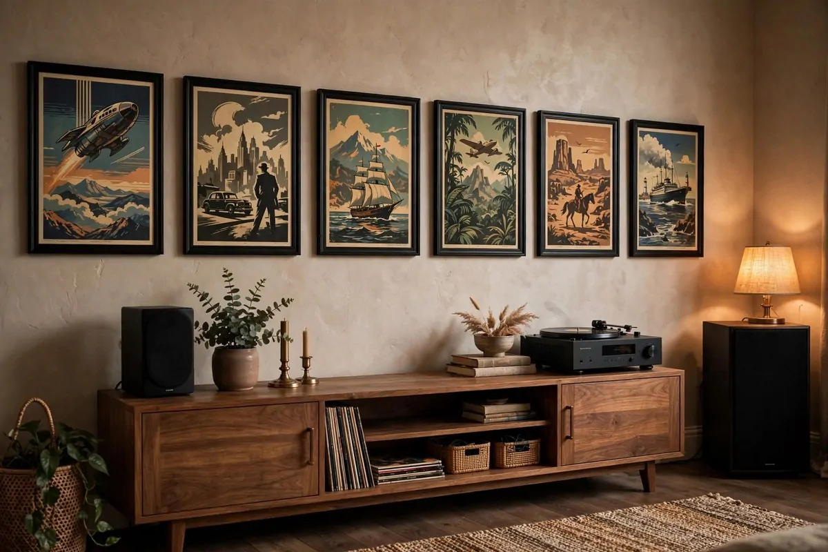 Gallery wall of framed vintage movie posters above a media console