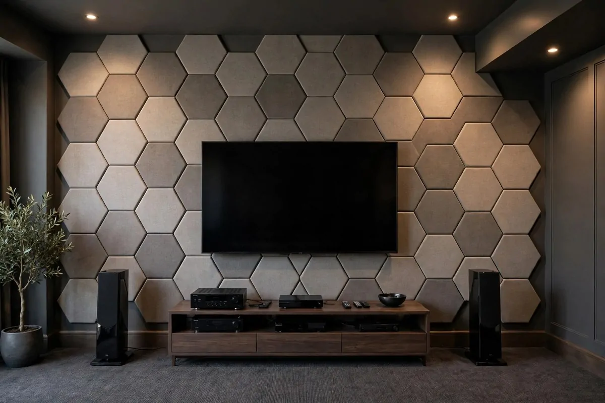 Geometric fabric acoustic panels on the wall behind a TV in a modern home theater