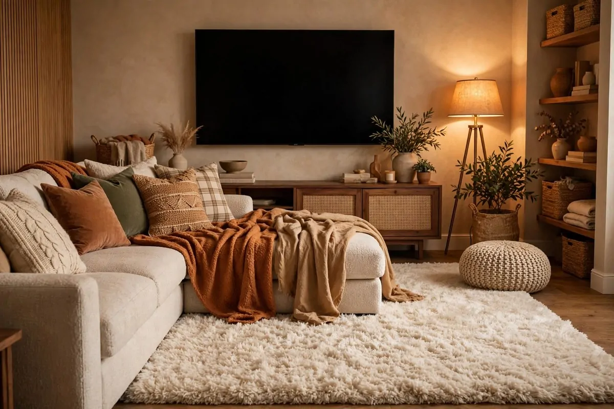 Thick plush area rug under a sectional facing a TV in a cozy home theater corner