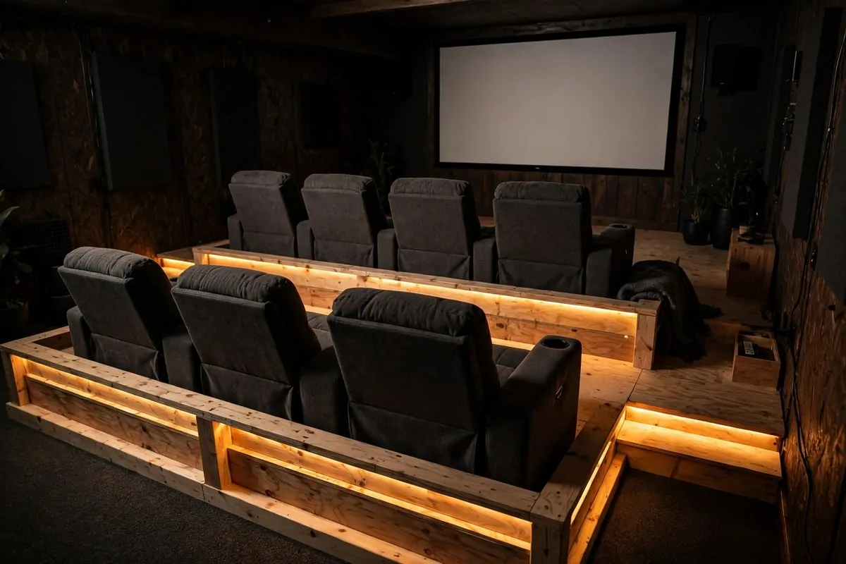 DIY wooden tiered platform with two rows of seats facing a projector screen