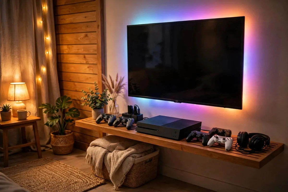 Gaming corner with a console, controllers on a shelf and a TV glowing with LED lights