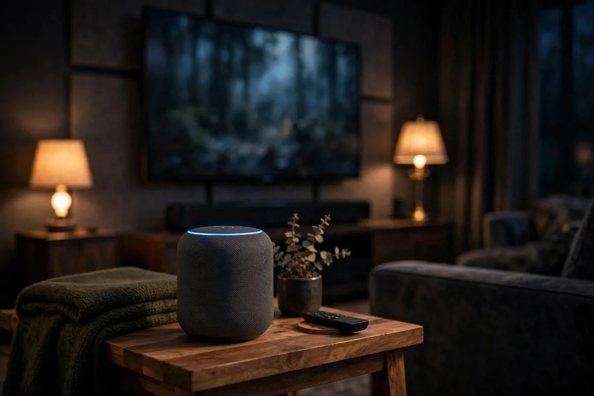 Smart speaker on a side table with dimmed warm smart bulbs in a home theater corner at evening