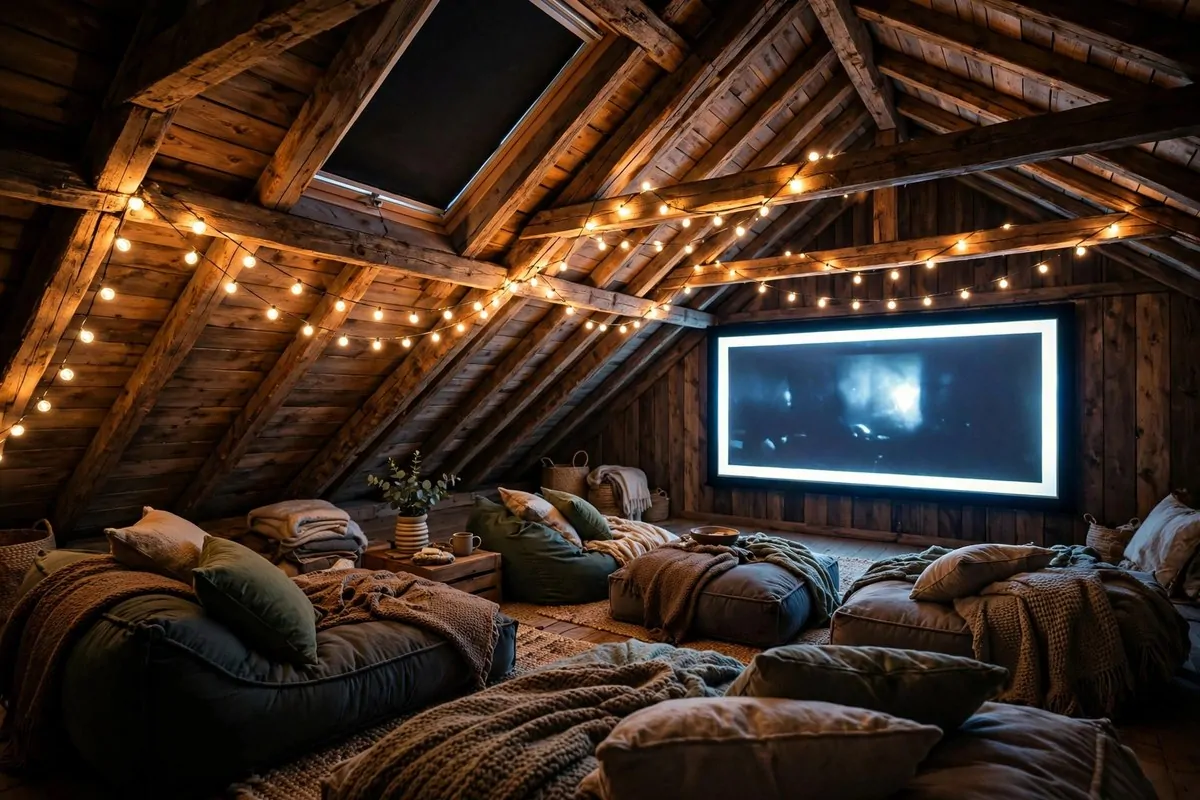 Attic home theater under a sloped ceiling with a skylight covered by a blackout shade