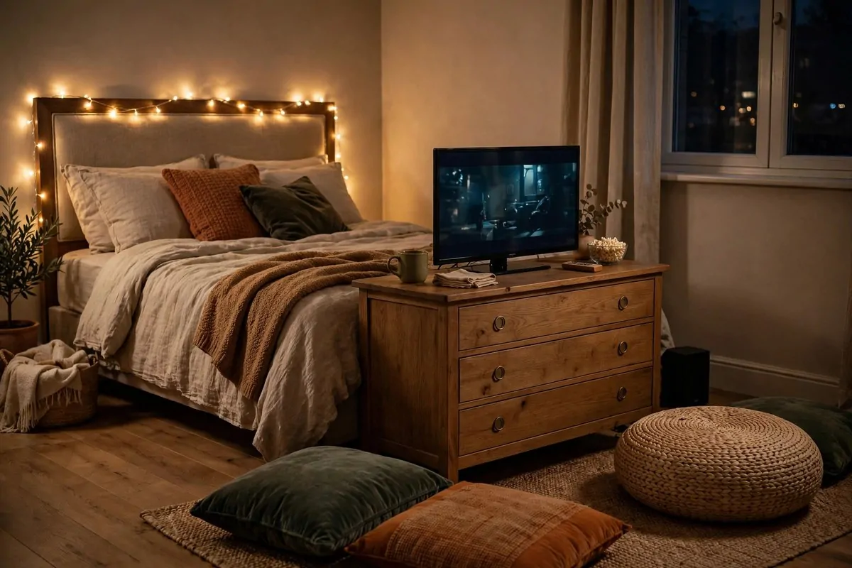 Bedroom corner mini cinema with a small TV on a dresser, floor cushions and fairy lights
