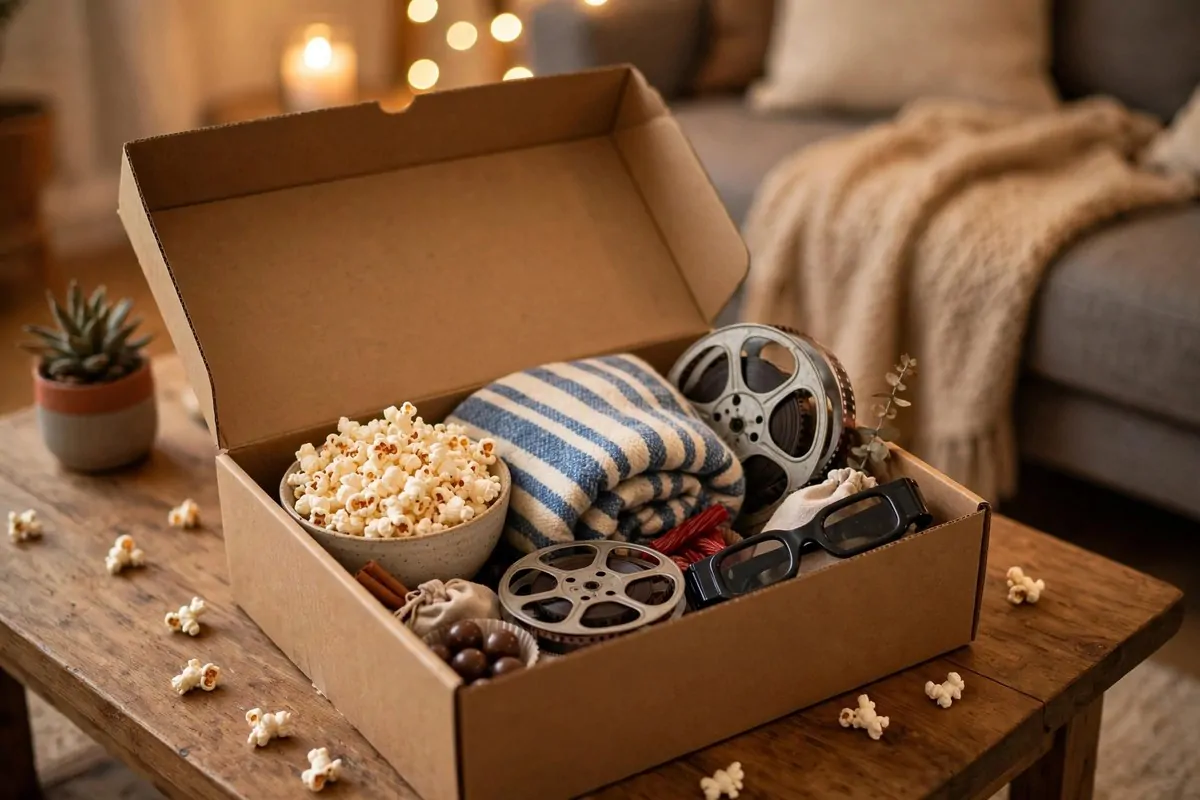 Open themed movie night box with classic film items, popcorn and a striped blanket