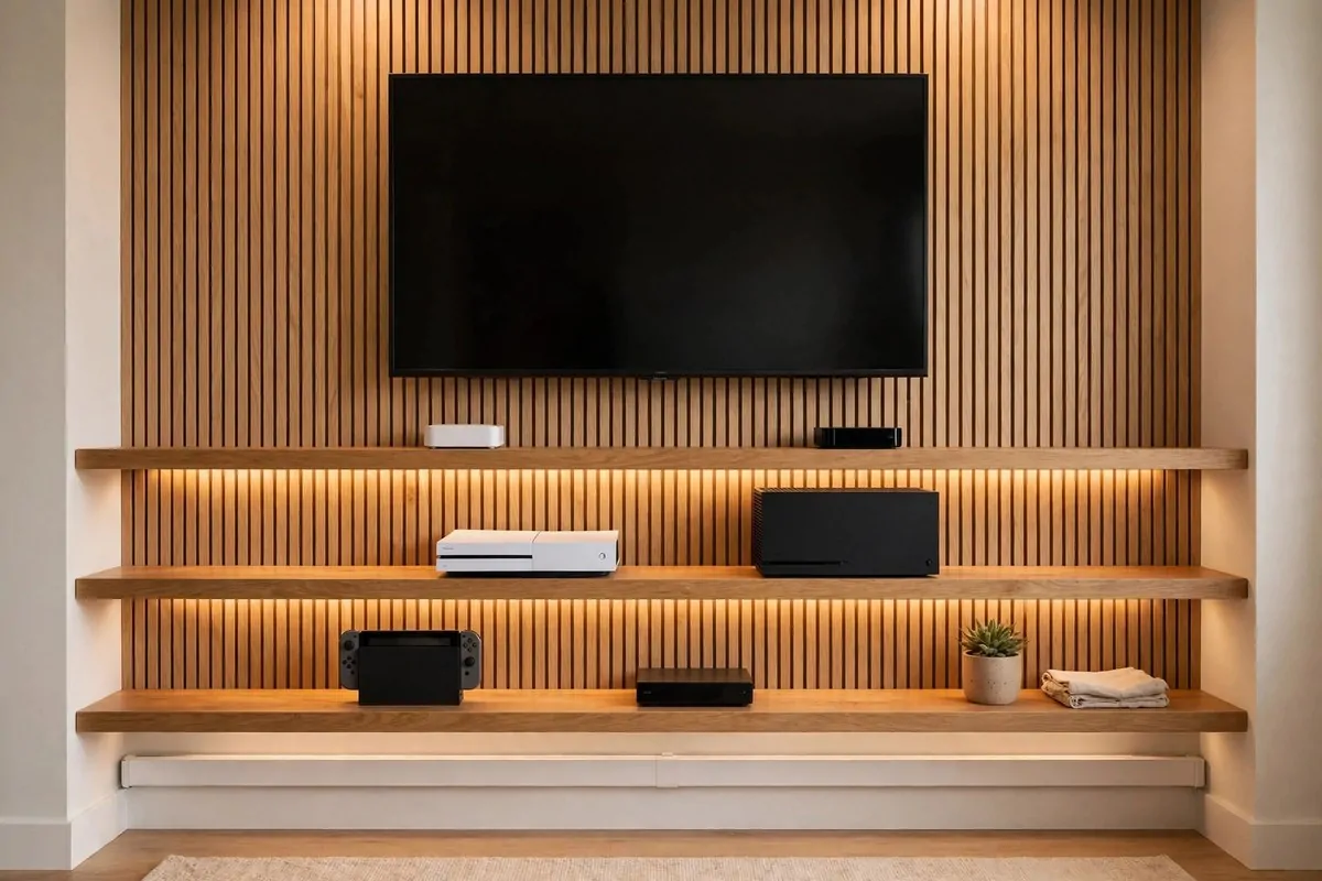 Floating shelves with game consoles and tidy hidden cables beside a TV