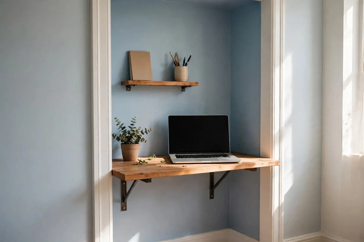 20 Extra Bedroom Office Ideas to Use Every Spare Inch 1 A small wood desk board fitted into a wall alcove in a spare bedroom, two metal brackets, one small shelf above with a notebook and pen cup, laptop on the desk, soft blue back wall, bright daylight