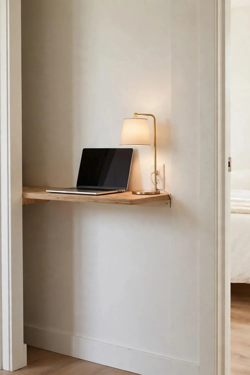 20 Extra Bedroom Office Ideas to Use Every Spare Inch 2 A narrow slim desk mounted on the wall in the gap behind an open bedroom door, laptop and small lamp on the desk, white wall, bright tidy spare bedroom