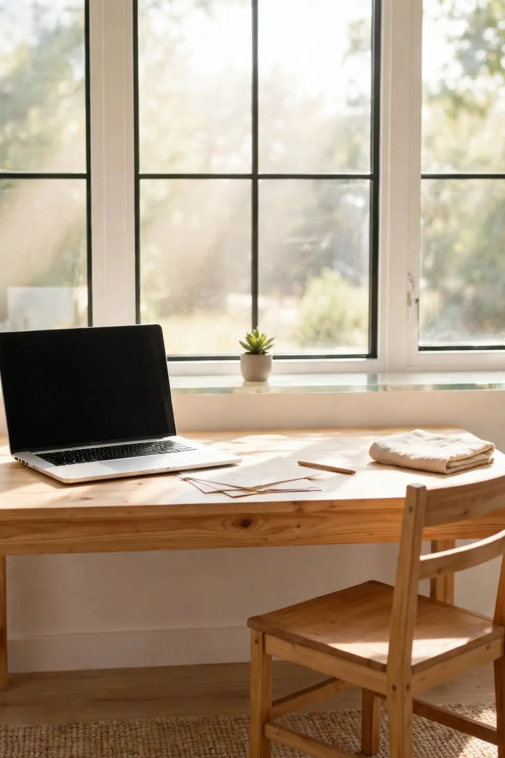 20 Extra Bedroom Office Ideas to Use Every Spare Inch 3 A low wood desk under a big bright window in a spare bedroom, laptop on the desk, one small plant on the clear windowsill, simple chair with no arms pushed in, morning sunlight