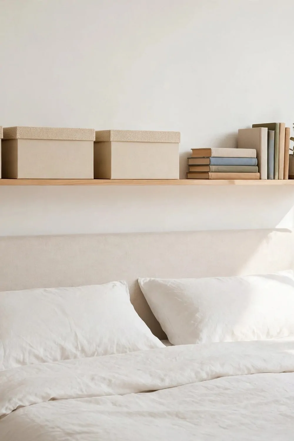 20 Extra Bedroom Office Ideas to Use Every Spare Inch 5 A long shallow wood shelf mounted above a bed headboard in a spare bedroom, matching plain storage boxes and a few books on the shelf, white wall, bed with plain bedding below, bright daylight