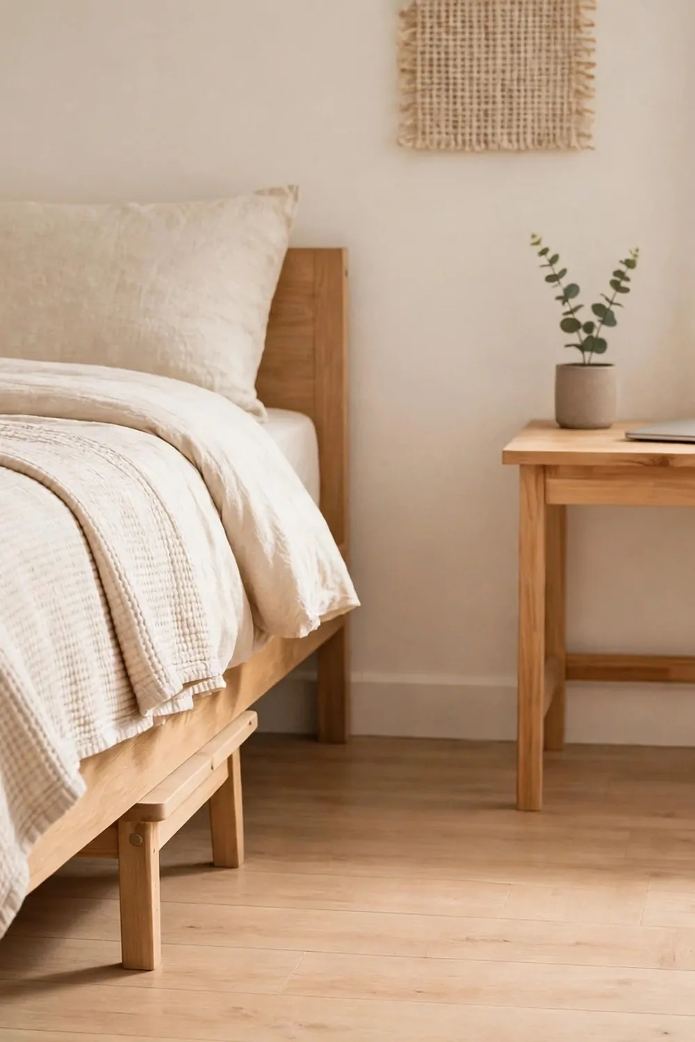 20 Extra Bedroom Office Ideas to Use Every Spare Inch 6 A low flat wooden stool half slid under a bed frame in a spare bedroom, small desk nearby with a laptop, light wood floor, bright tidy room