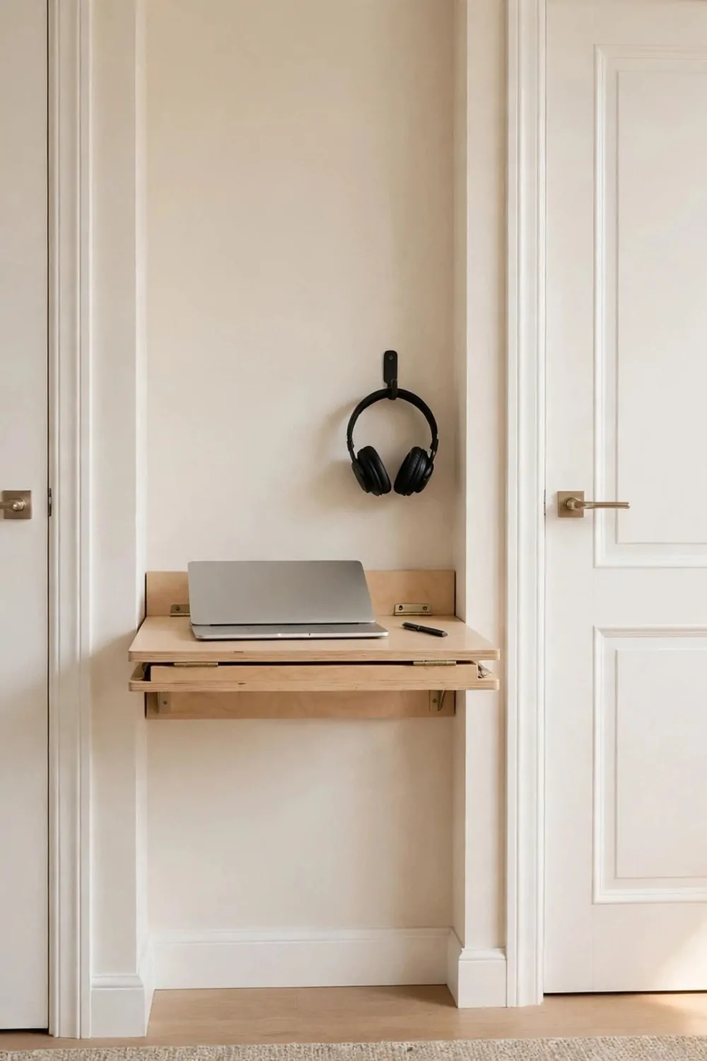 20 Extra Bedroom Office Ideas to Use Every Spare Inch 7 A slim folding wall desk mounted on a narrow strip of wall between two white doors in a spare bedroom, laptop on the folded-down board, small hook above with headphones hanging, bright tidy room