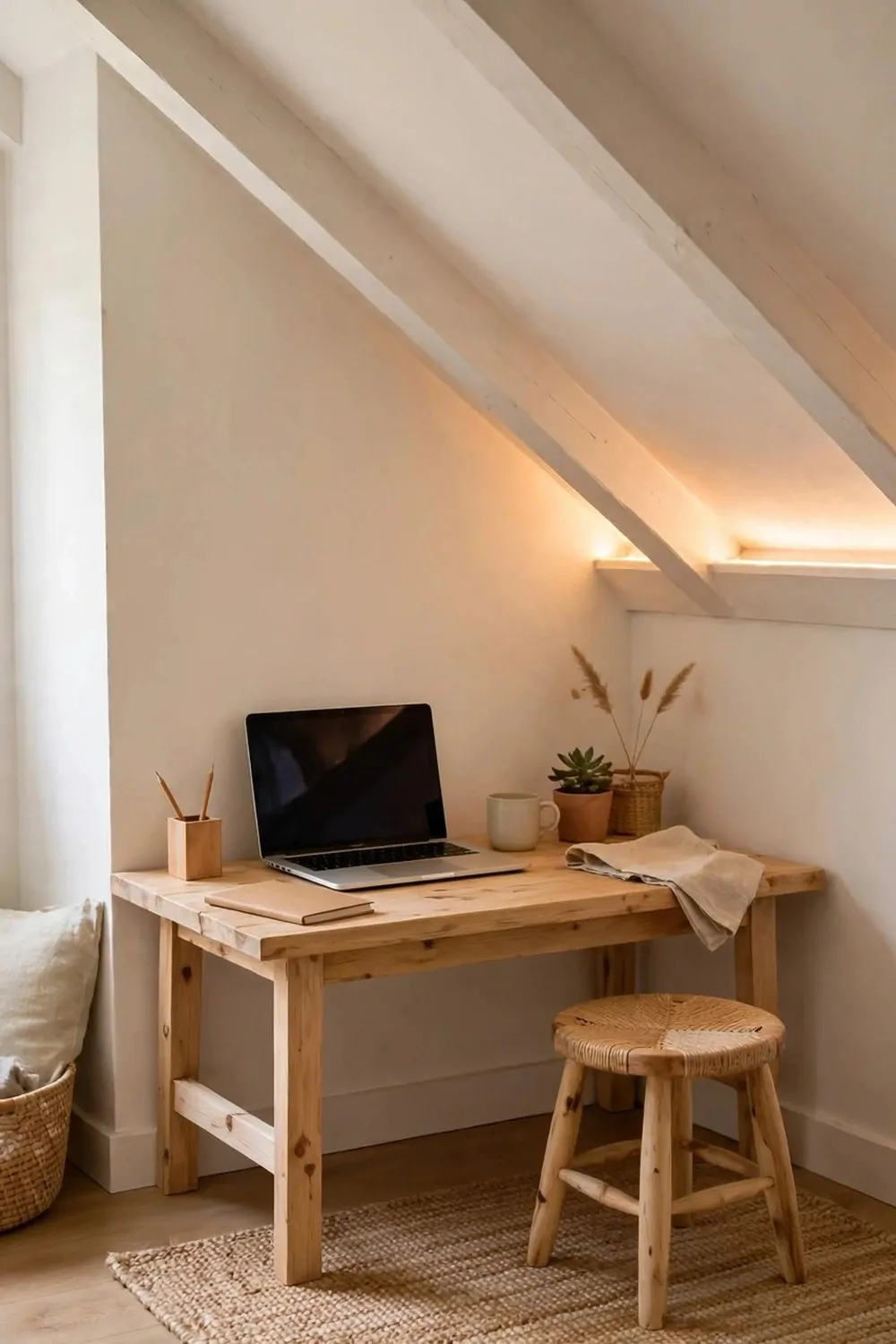 20 Extra Bedroom Office Ideas to Use Every Spare Inch 8 A low wood desk tucked under a sloped attic-style ceiling in a spare bedroom corner, laptop and small stool, warm strip light under the slope, bright cozy room