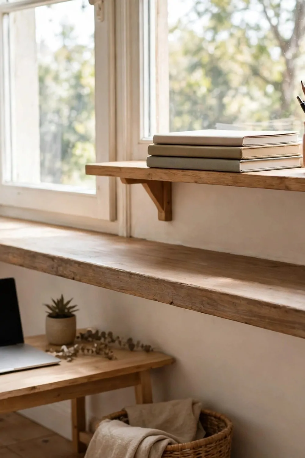 20 Extra Bedroom Office Ideas to Use Every Spare Inch 9 A wide deep windowsill in a spare bedroom with a small wood shelf mounted above it holding notebooks and a pen cup, laptop on a small desk below, bright daylight through the window