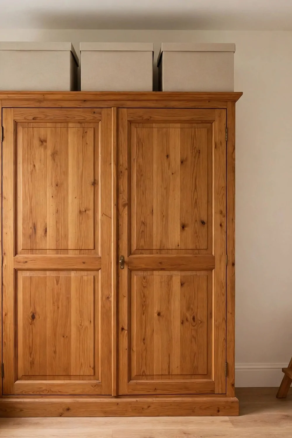 20 Extra Bedroom Office Ideas to Use Every Spare Inch 10 Three matching plain storage boxes with lids sitting neatly on top of a tall wood wardrobe in a spare bedroom, small step stool leaning in the corner, bright tidy room