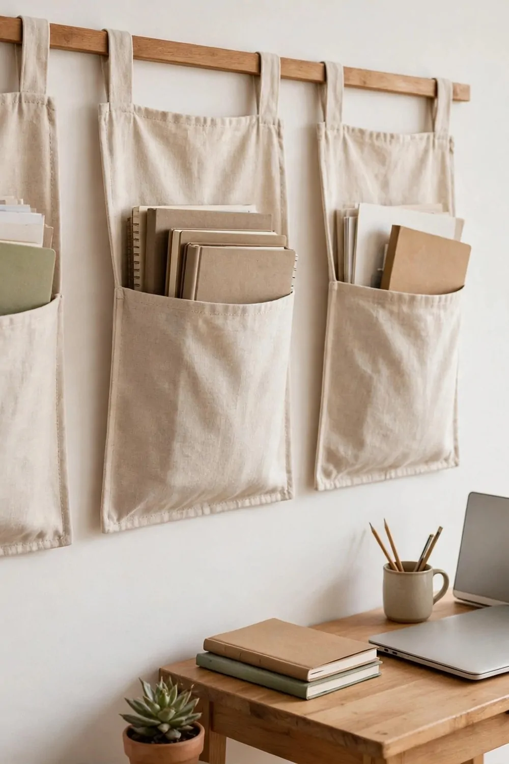 20 Extra Bedroom Office Ideas to Use Every Spare Inch 11 Three fabric wall pockets hanging in a row on a white wall beside a small wood desk in a spare bedroom, papers and notebooks tucked in the pockets, laptop on the desk, bright room