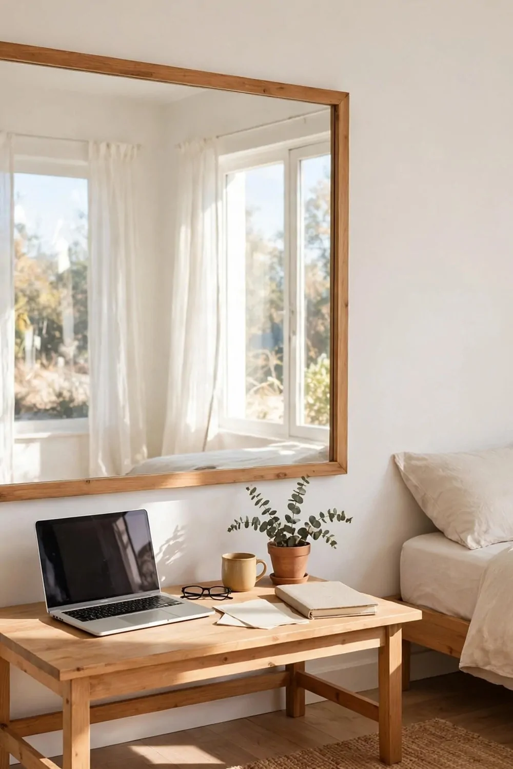 20 Extra Bedroom Office Ideas to Use Every Spare Inch 12 A large plain mirror hanging on a white wall opposite a bright window in a spare bedroom, reflecting daylight across a small wood desk with a laptop, bed with plain bedding nearby