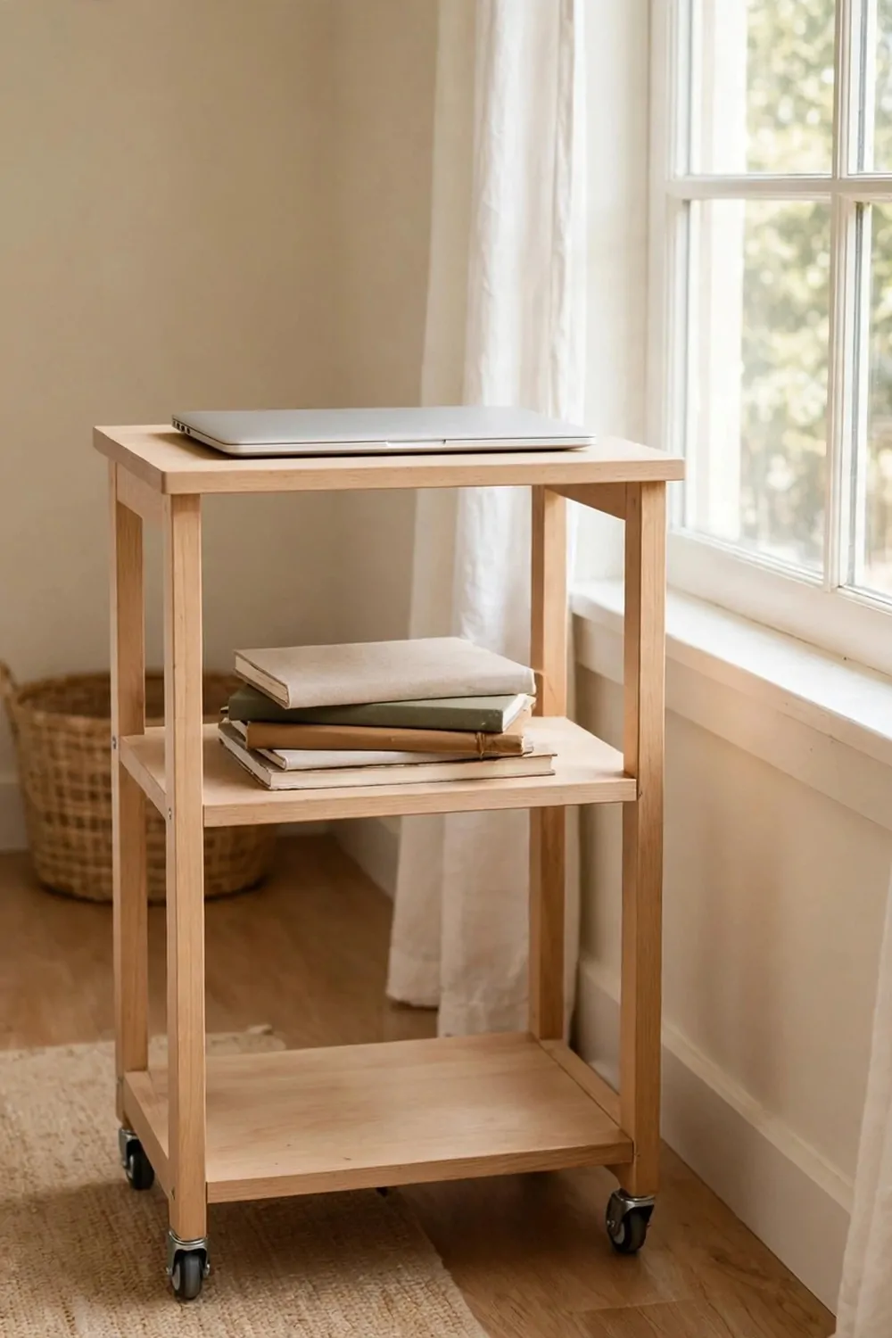 20 Extra Bedroom Office Ideas to Use Every Spare Inch 13 A narrow rolling desk on small wheels parked beside a window in a spare bedroom, laptop on the slim top, shelf underneath holding notebooks, bright room