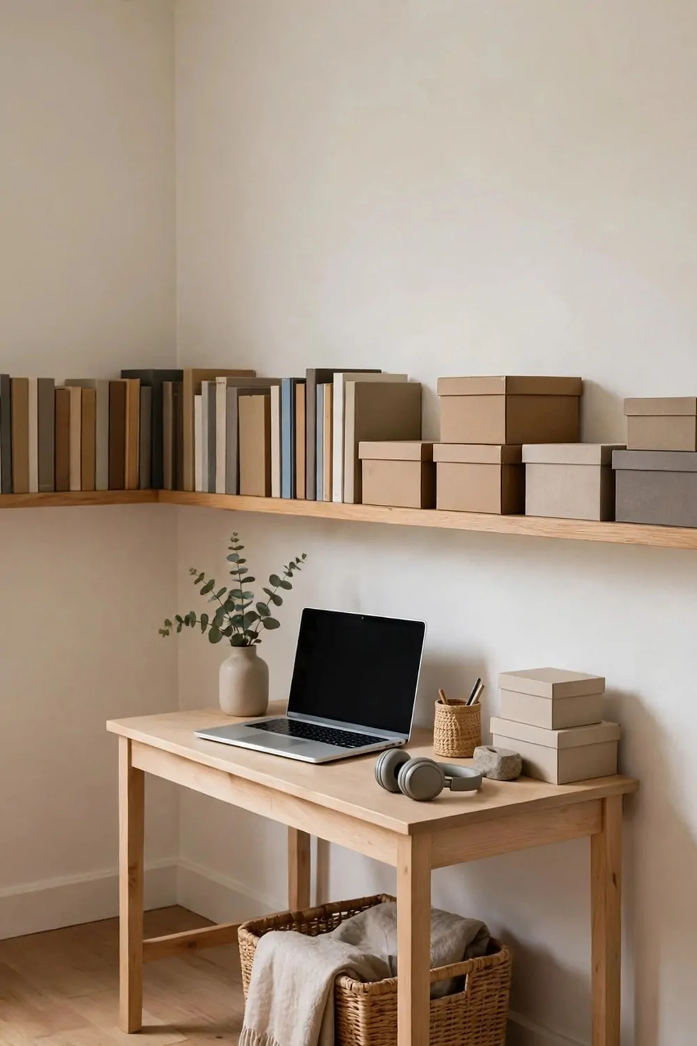 20 Extra Bedroom Office Ideas to Use Every Spare Inch 14 A long narrow wood shelf running around the walls of a spare bedroom at picture height, books and small plain boxes lined up on it, small desk below with a laptop, bright tidy room