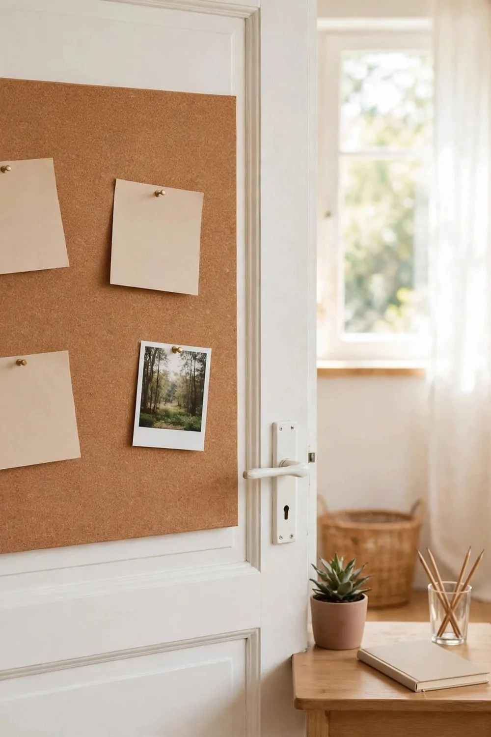 20 Extra Bedroom Office Ideas to Use Every Spare Inch 15 A cork pinboard fixed to the back of an open white bedroom door in a spare bedroom, plain paper notes and one small forest photo pinned on it, small desk nearby, bright room