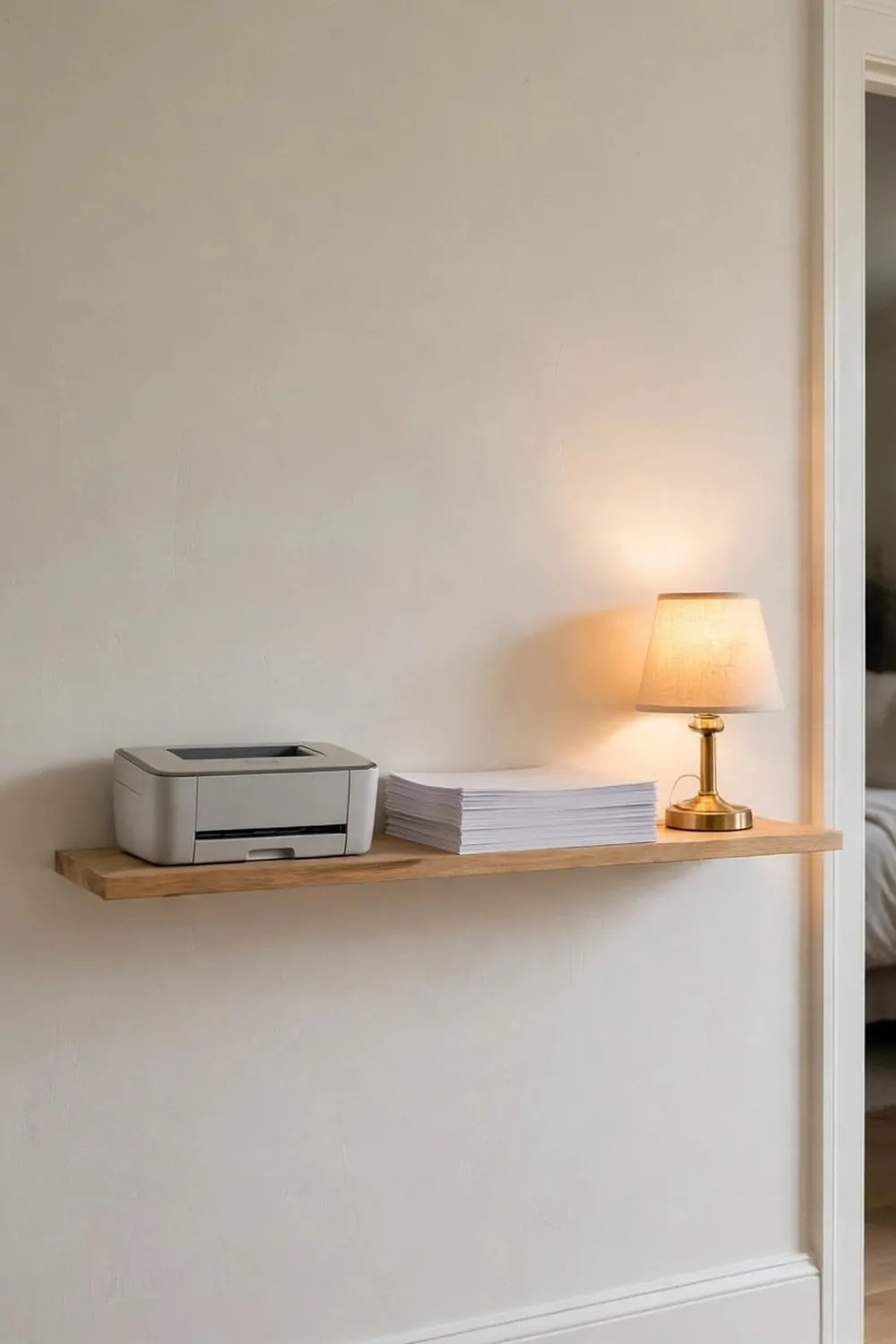 20 Extra Bedroom Office Ideas to Use Every Spare Inch 16 A narrow shallow wood shelf on a hallway landing wall outside a bedroom, a small printer and a stack of paper on the shelf, warm small lamp, bright clean hallway