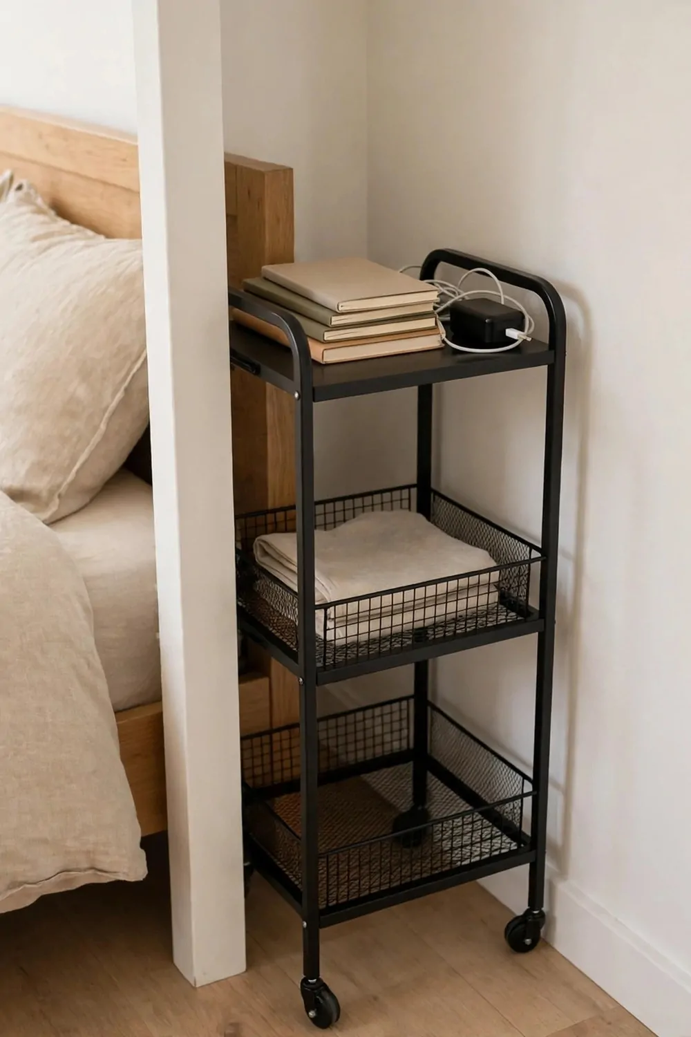 20 Extra Bedroom Office Ideas to Use Every Spare Inch 17 A slim rolling trolley with three shelves slid into the narrow gap between a bed and a white wall in a spare bedroom, notebooks and a charger on the top shelf, bright tidy room