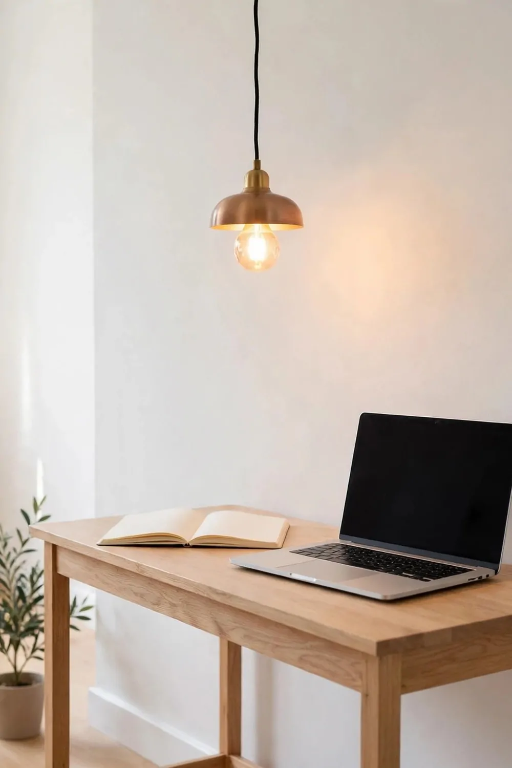 20 Extra Bedroom Office Ideas to Use Every Spare Inch 18 A small pendant lamp hanging from the ceiling on a cord over a slim wood desk in a spare bedroom, warm glowing bulb, laptop and notebook on the clear desk top, bright room