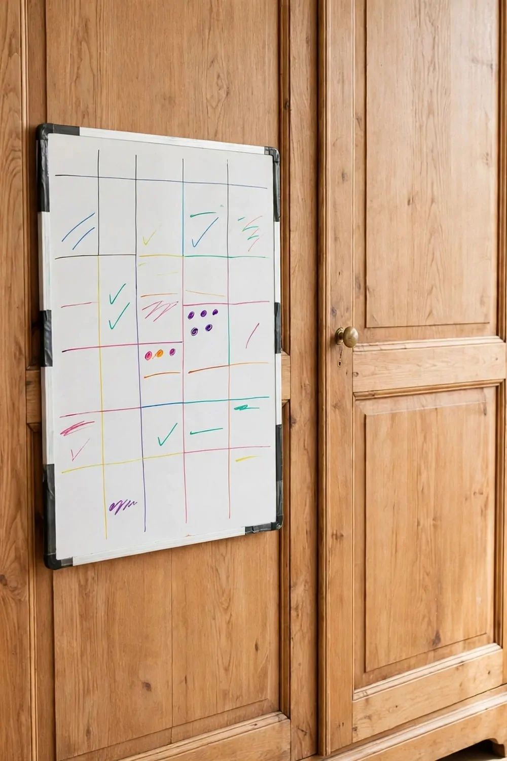 20 Extra Bedroom Office Ideas to Use Every Spare Inch 19 A whiteboard panel on a wood wardrobe door with a colored grid, check marks and dots, no readable words, small cup of markers on a shelf beside it, bright room