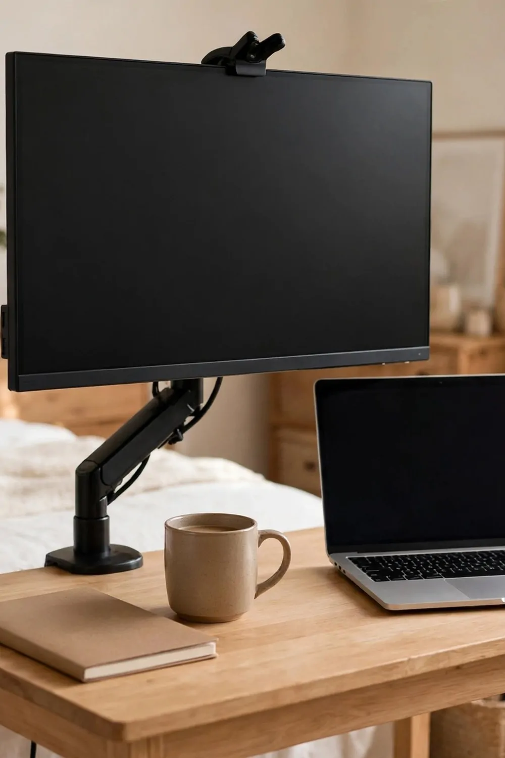 20 Extra Bedroom Office Ideas to Use Every Spare Inch 20 A computer monitor held up by a black monitor arm clamped to the back edge of a small wood desk in a spare bedroom, clear desk top below with a notebook and coffee mug, laptop beside it, bright tidy room