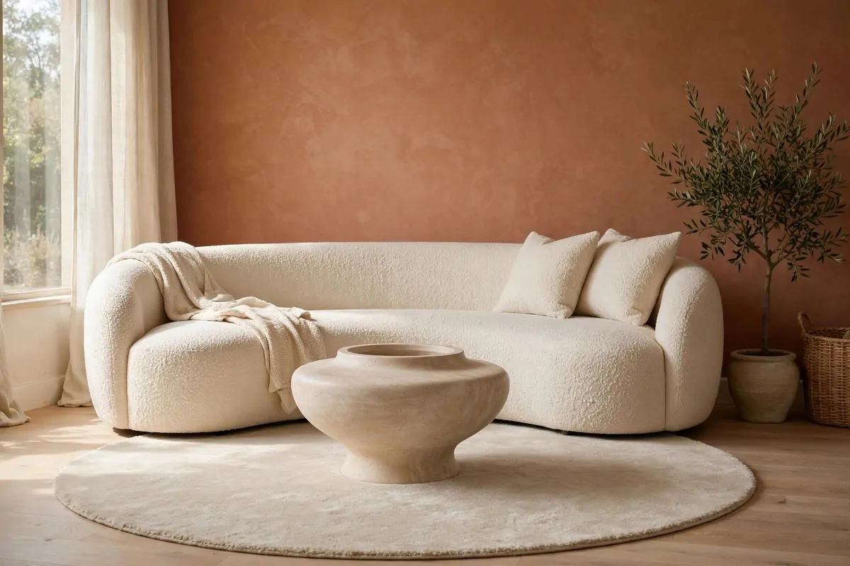 A curved cream boucle sofa with a sculptural coffee table against a terracotta wall