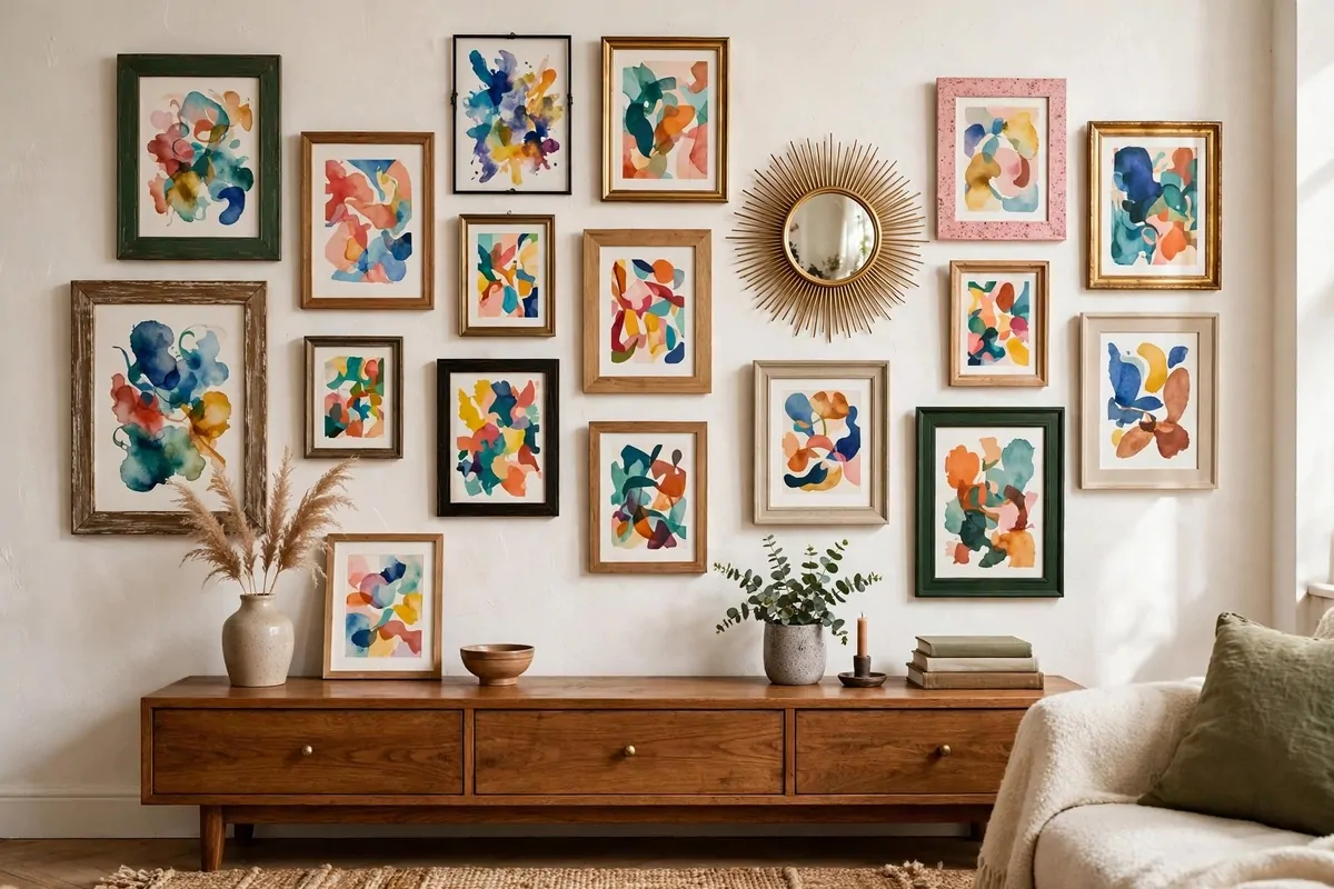 An eclectic gallery wall with mixed colorful frames and a sunburst mirror